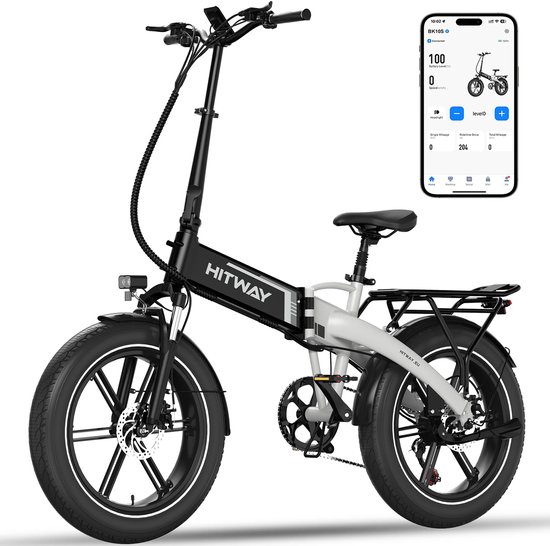 Hitway Elektrische Fiets BK10S1 - 20*4.0 Inch Fat Tire City Commuter EBike met Afneembare 48V 13Ah Lithium Batterij - Opvouwbaar Mountain E-Bike met 250W Motor - APP - 7 Versnellingen - IP54 Waterdicht van Merkloos