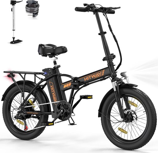 Hitway Elektrische Fiets BK11 | E-bike | 250W Motor | Fat Tire | 12Ah | 20 Inch | Zwart/Oranje van Merkloos
