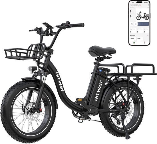 Hitway Elektrische Fiets BK6S Plus R - 20*4.0 Inch Fat Tire City Commuter EBike met Afneembare 48V 27 Ah BMS Lithium Batterij - Mountain E-Bike met 250W Motor - 7 Versnellingen - Maximale Actieradius tot 140-160 KM - Compatibel met APP en NFC