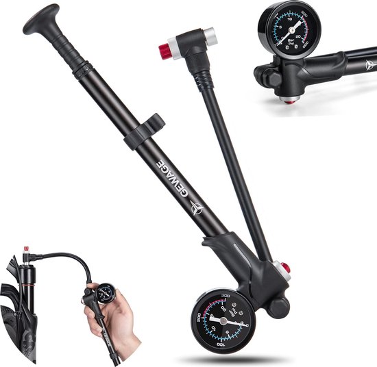 Hoge Druk Schokpomp (Max 300 PSI), 2-in-1 Fietsvorkpomp/Fietsbandpomp voor MTB, Racefietsvork en Achtervering, Draagbare Mini Pomp met Ontluchtingsknop van Wasaga
