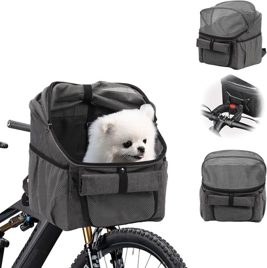 Hondenfietsmand - Fietsmand Hond Voor - Fietsmand voor Huisdieren met Stuuradapter - Multifunctionele Mand - Opvouwbaar en Afneembaar - 33*29*40 - Grijs met Rugzak en Schouderriem van Merkloos