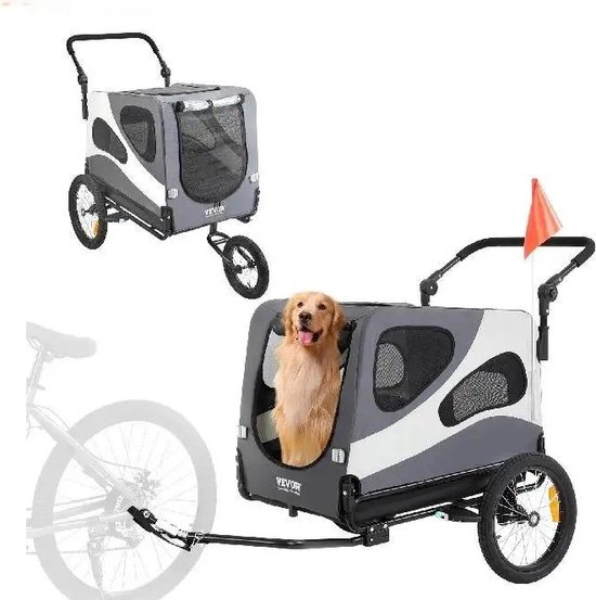 Hondenkar - fietskar - hond - tot 45kg - Kar voor aan de fiets - Hondenfietskar - hondenwagen - grijs/wit - met vlag - met reflectoren van Adori.