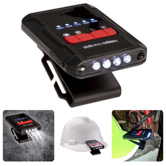 Hoofdlamp voor Bouwhelm - USB Oplaadbare Cliplamp - Helmlamp - Zwarte Behuizing - Met Bewegingssensor - Micro USB-kabel - 2014/30/EU Normering