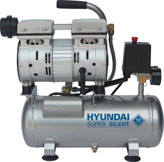 Hyundai stille compressor 6 liter - olievrij - 8 BAR - 59 dB 'Super Silent'.