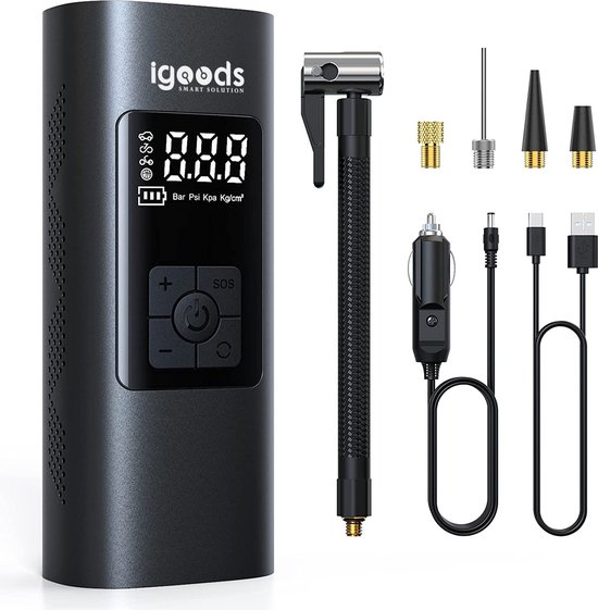 Igoods Elektrische Luchtpomp - Bandenpomp - Fietspomp met drukmeter - Autopomp met drukmeter - 6000mAh
