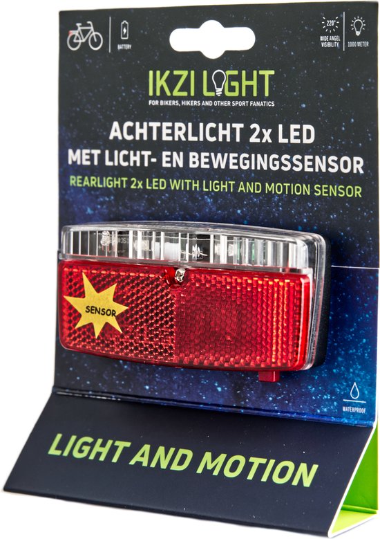 Ikzilight Achterlicht met 5 LED's en sensor - Batterijvoeding - Zichtbaar tot 1000 meter