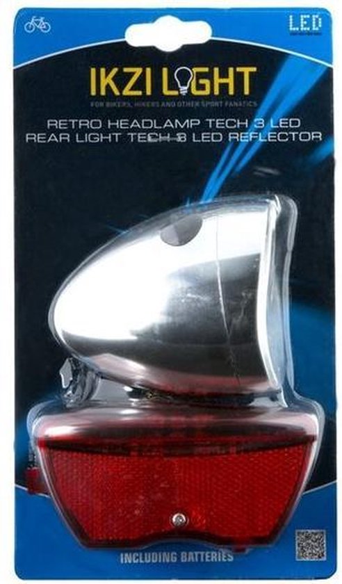 Ikzilight Retro fietslampenset - chroom - 3x LED voor - 5x LED achter - batterijvoeding - zichtbaarheid tot 800m