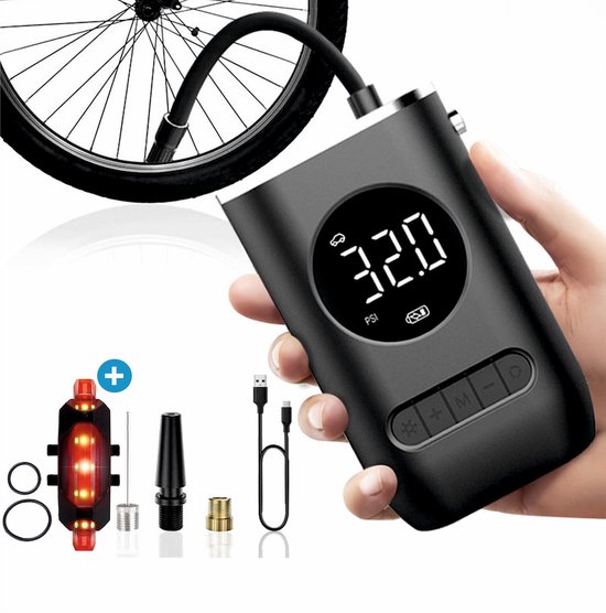 IMENGINE® Elektrische Fietspomp - Draagbare Luchtcompressor tot 10.3 Bar - Voor Fiets, Auto, Scooter & Ballen - Inclusief Gratis Fietsachterlicht van Merkloos