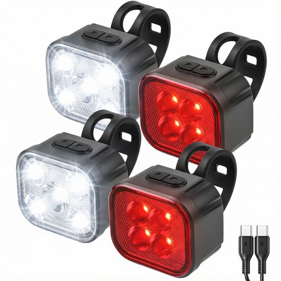 Inlustro 4x Fietslampjes - LED Achterlicht en Voorlicht - Fietslamp Rood en Wit Set - Fietslicht Koplamp - IPX4 Waterdicht - USB Oplaadbaar van Merkloos