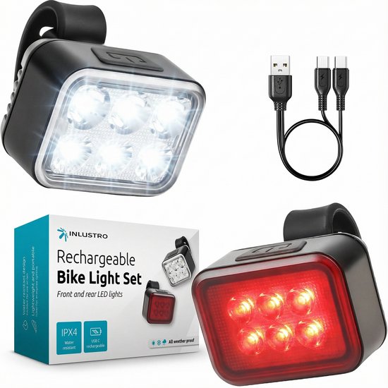Inlustro Fietslamp Set - Voorlicht / Achterlicht - LED Fietslampjes Rood en Wit - Fietslicht Koplamp - IPX4 Waterdicht - Aluminium behuizing / USB Oplaadbaar van Merkloos