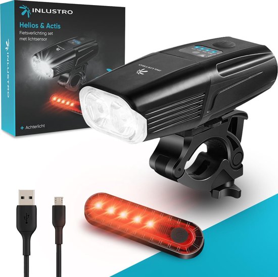 Inlustro LED Fietsverlichting Set - USB Oplaadbaar - Voorlicht en Achterlicht Fietslamp - IPX6 Waterdicht Fietslicht - Zwart