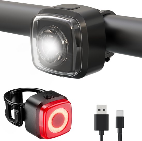 Inlustro Pro Fietslamp Set - Achterlicht met Remsensor / Optische LED Voorlicht - Fietslampjes Rood en Wit - Fietslicht Koplamp - IPX5 Waterdicht - USB Oplaadbaar