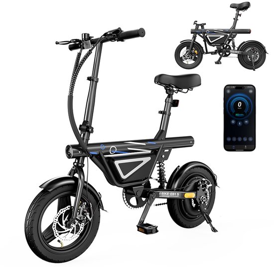 iScooter Elektrische Fiets-Opvouwbare-14 inch-10/15/25 km/u-met USB-laadpoort -Met trapondersteuning- Slim LCD display-36V 12Ah -50 km actieradius-Dubbele schijfremmen-met app-Compact & Geschikt voor Stad en Vrije Tijd-Elektrische Vouwfiets