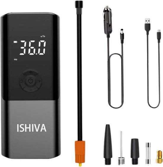 ISHIVA Elektrische Fietspomp - Bandenpomp Auto - Draagbare Luchtcompressor - voor Fiets, Scooter, Motor, Auto - 4500 mah - Tot wel 10.3 bar - USB oplaadbaar - 2 jaar Garantie van Merkloos