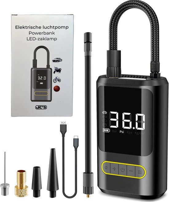 JC's® Elektrische bandenpomp - Elektrische fietspomp - POWERBANK - Scooter/Motor/Auto/Fiets - Autobanden Pomp - Luchtpomp - Bandenpomp - 4200 mAh - Tot wel 10.3 Bar - USB Oplaadbaar - Inclusief 4 Opzetstukken van JC's