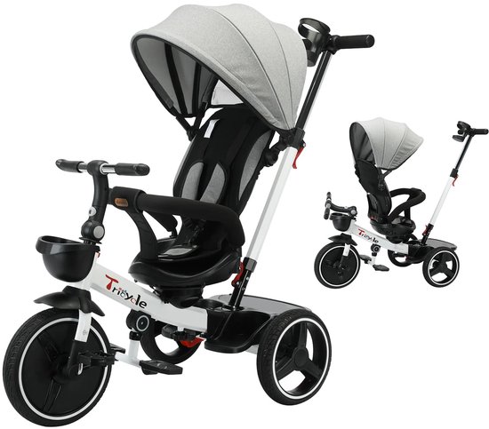 JerMore® - kinderwagen driewieler - 5 in 1 loopfiets - verstelbare luifel - zit en ligfunctie - ouderstang met rem - wit zwart - 95 x 90 x 60 cm - 30 kg van Merkloos