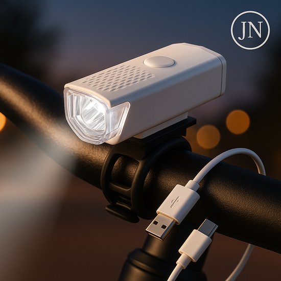 JN® Oplaadbare LED Fietslamp wit – Stijlvolle en Waterdichte Fietskoplamp met USB-aansluiting – Superheldere Fietsverlichting voor Dag & Nacht Veiligheid - Voorlicht fiets - Led voorlamp - Fietslicht - Koplamp fiets - Fietsverlichting