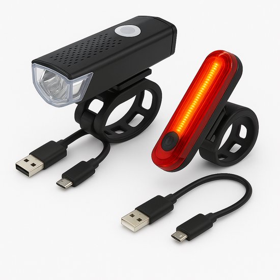 JN® Oplaadbare LED Fietsverlichting set - Stijlvolle en Waterdichte Fietskop- en achterlamp met USB-aansluiting - Voorlicht fiets - Led achterlamp - Fietslicht - Koplamp fiets - Fietsverlichting