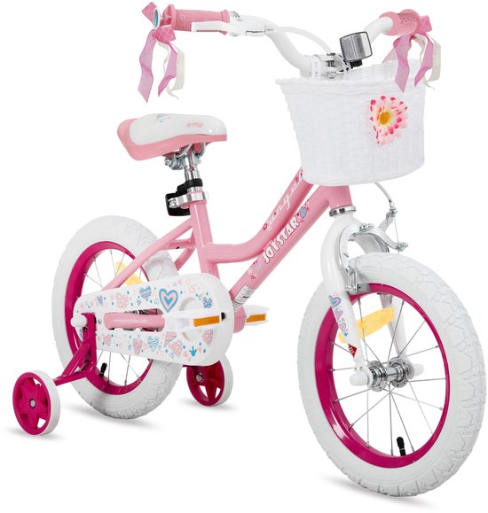 JOYSTAR Angel Meisjesfiets - Verschillende Maten 14 Inch - Met Zijwieltjes - Handrem - Inclusief Mandje - Roze van JOYSTAR