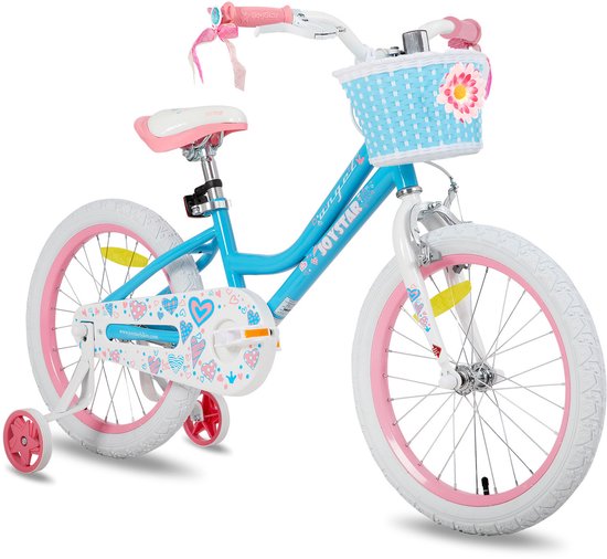 JOYSTAR Angel Meisjesfiets - Verschillende Maten 18 Inch - Met Zijwieltjes - Handrem - Inclusief Mandje - Blauw - Geschikt voor buitenactiviteiten in de lente