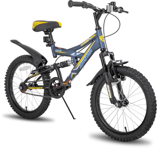 Joystar Contender Full Suspension Kinder Mountainbike - 20" - Handrem - Rem - Bel - Spatborden - Blauw van JOYSTAR
