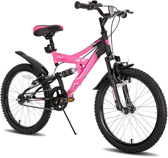 Joystar Contender Full Suspension Kinder Mountainbike - 20" - Handrem - Rem - Bel - Spatborden - Roze - Geschikt voor buitenactiviteiten in de lente