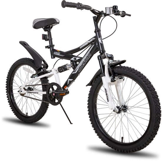 Joystar Contender Full Suspension Kinder Mountainbike - 20" - Handrem - Rem - Bel - Spatborden - Zwart - Geschikt voor buitenactiviteiten in de lente