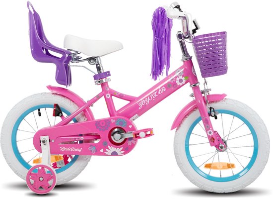 Joystar Little Daisy Meisjesfiets - 12 Inch - Mandje - Poppenzitje - Zijwieltjes - Bel - Handrem - Fuchsia van JOYSTAR