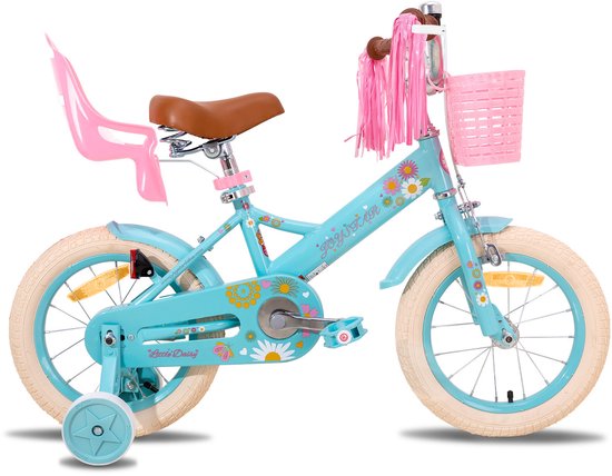 Joystar Little Daisy Meisjesfiets - 14 Inch - Mandje - Poppenzitje - Zijwieltjes - Bel - Handrem - Blauw van JOYSTAR