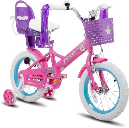 Joystar Little Daisy Meisjesfiets - 14 Inch - Mandje - Poppenzitje - Zijwieltjes - Bel - Handrem - Fuchsia - Geschikt voor buitenactiviteiten in de lente