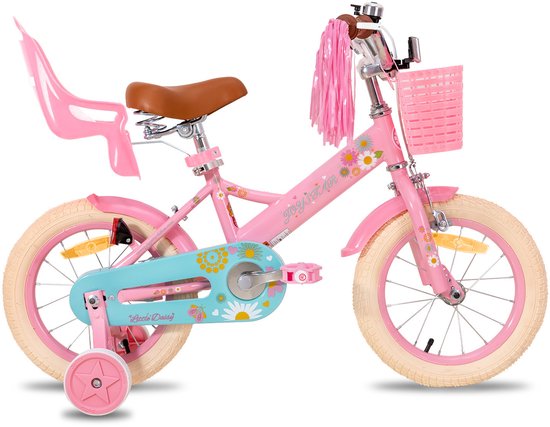 Joystar Little Daisy Meisjesfiets - 16 Inch - Kinderfiets met zijwieltjes 4, 5 & 6 jaar - 103-120 Kledingmaat - Roze Fiets 16 inch - Mandje - Poppenzitje - Bel - Handrem - Roze van JOYSTAR