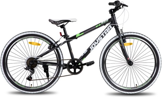 JOYSTAR Lubbock.S 24" Kinder Hardtail Mountainbike - 7 versnellingen - V-brake - Witte noppenbanden - Zwart van Merkloos
