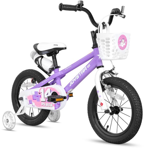 Joystar Pluto Kinderfiets - 12 inch - met mandje - met waterfles - zijwieltjes - bel - handrem - paars van Merkloos