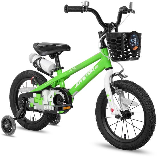 Joystar Pluto Kinderfiets - 14 inch - met mandje - met waterfles - zijwieltjes - bel - handrem - groen van Merkloos