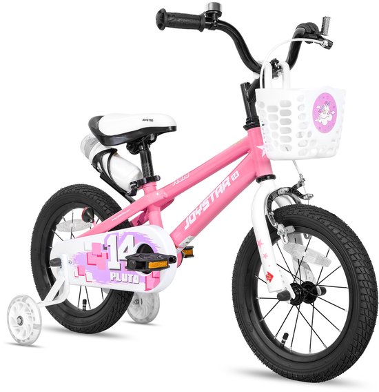 Joystar Pluto Kinderfiets - 14 inch - met mandje - met waterfles - zijwieltjes - bel - handrem - roze van Merkloos