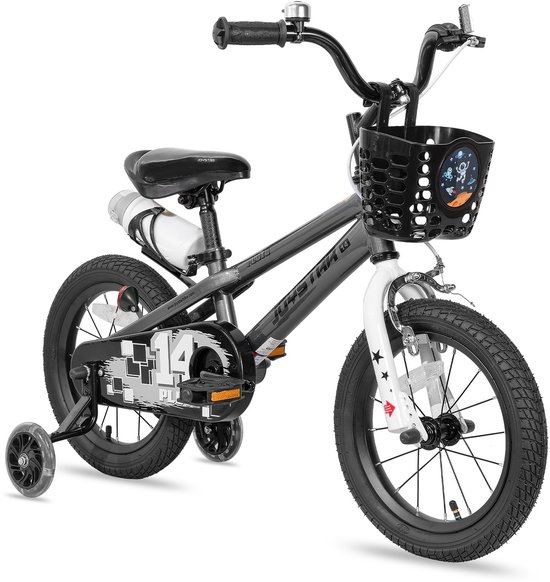 Joystar Pluto Kinderfiets - 16 inch - met mandje - met waterfles - zijwieltjes - bel - handrem - grijs van Merkloos