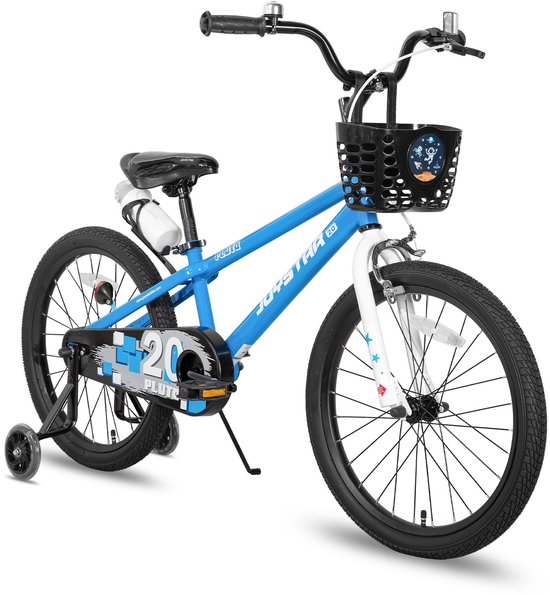 Joystar Pluto Kinderfiets - 18 inch - met mandje - met waterfles - zijwieltjes - bel - handrem - blauw - Geschikt voor buitenactiviteiten in de lente