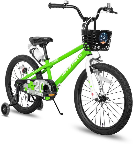 Joystar Pluto Kinderfiets - 18 inch - met mandje - met waterfles - zijwieltjes - bel - handrem - groen - Geschikt voor buitenactiviteiten in de lente