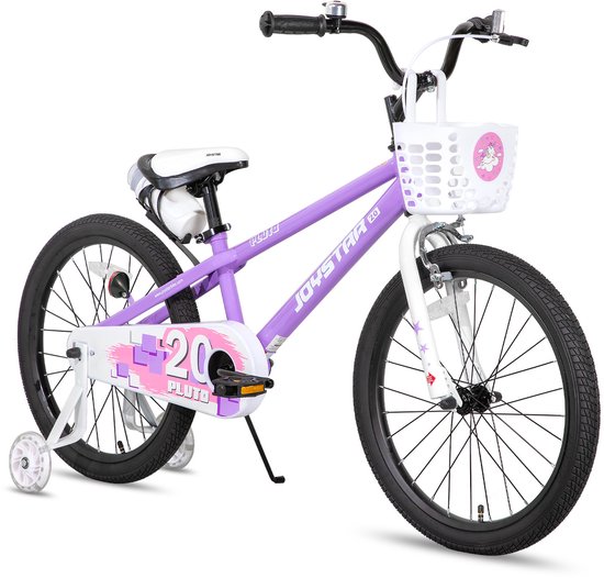 Joystar Pluto Kinderfiets - 18 inch - met mandje - met waterfles - zijwieltjes - bel - handrem - paars - Geschikt voor buitenactiviteiten in de lente