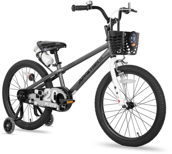 Joystar Pluto Kinderfiets - 20 inch - met mandje - met waterfles - zijwieltjes - bel - handrem - grijs van JOYSTAR