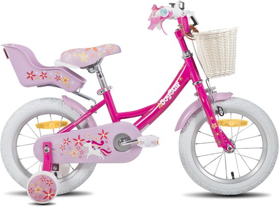 Joystar Unicorn Kinderfiets voor Meisjes - 16 Inch - Mand - Zijwieltjes - Bel - Handrem - Fuchsia - Geschikt voor buitenactiviteiten in de lente van JOYSTAR