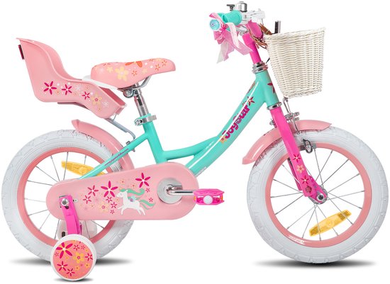 Joystar Unicorn Kinderfiets voor Meisjes - 16 Inch - Mand - Zijwieltjes - Bel - Handrem - Groen - Geschikt voor buitenactiviteiten in de lente van JOYSTAR