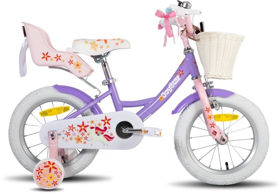 Joystar Unicorn Kinderfiets voor Meisjes - 16 Inch - Mand - Zijwieltjes - Bel - Handrem - Paars - Geschikt voor buitenactiviteiten in de lente van JOYSTAR