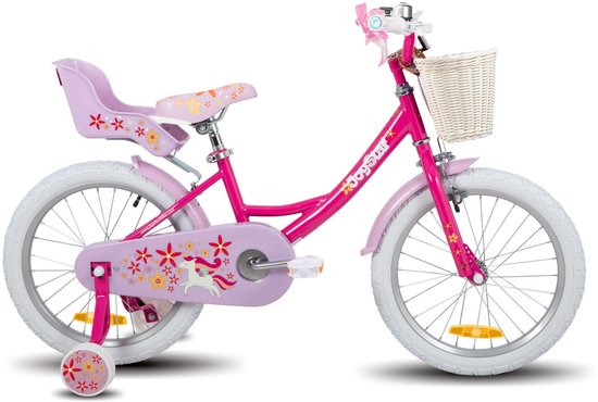 Joystar Unicorn Kinderfiets voor Meisjes - 18 Inch - Mand - Zijwieltjes - Bel - Handrem - Fuchsia - Geschikt voor buitenactiviteiten in de lente van Merkloos