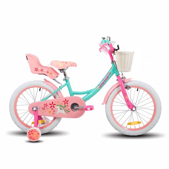 Joystar Unicorn Kinderfiets voor Meisjes - 18 Inch - Mand - Zijwieltjes - Bel - Handrem - Groen - Geschikt voor buitenactiviteiten in de lente van Merkloos
