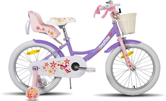 Joystar Unicorn Kinderfiets voor Meisjes - 18 Inch - Mand - Zijwieltjes - Bel - Handrem - Paars - Geschikt voor buitenactiviteiten in de lente van Merkloos