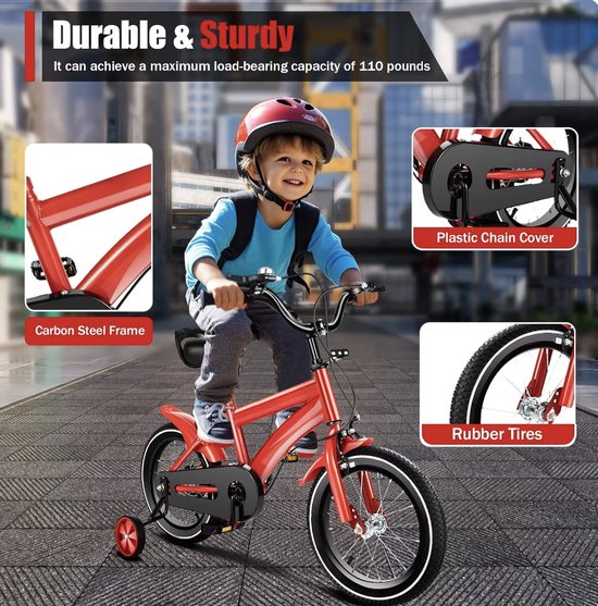 J&R Kinderfiets 14 inch - Jongensfiets 14 inch- Fiets 14 inch - Unisex - Met zijwieltjes - Rood van J&R