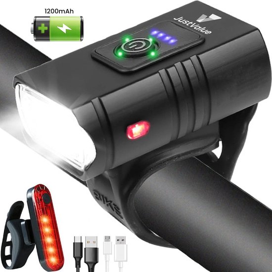 JustValue Fietsverlichting - USB oplaadbaar - Fietslamp - 6 Standen - 1000 Lumen - Waterdicht - Voorlicht - Achterlicht - Koplamp - Zwart