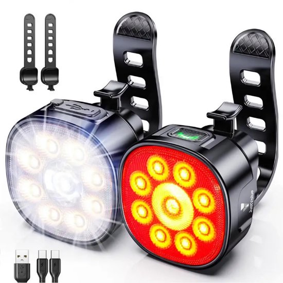 JustValue Fietsverlichting - USB oplaadbaar - Voorlicht & Achterlicht - 8+7 Lichtstanden - IP65 Waterdicht - Led Fietslamp - Valbestendig - Koplamp fiets - Zwart
