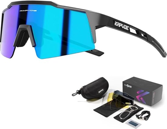 KAPVOE Sport Zonnebril - COMPLETE SET - 4 GLAZEN - Fietsbril - Sportbril - Mountainbike - Wielren - Ski - Wintersport - Polariserend - UV 400 - Nachtbril - Hoesje -Brillenkoker - Blauw Zwart